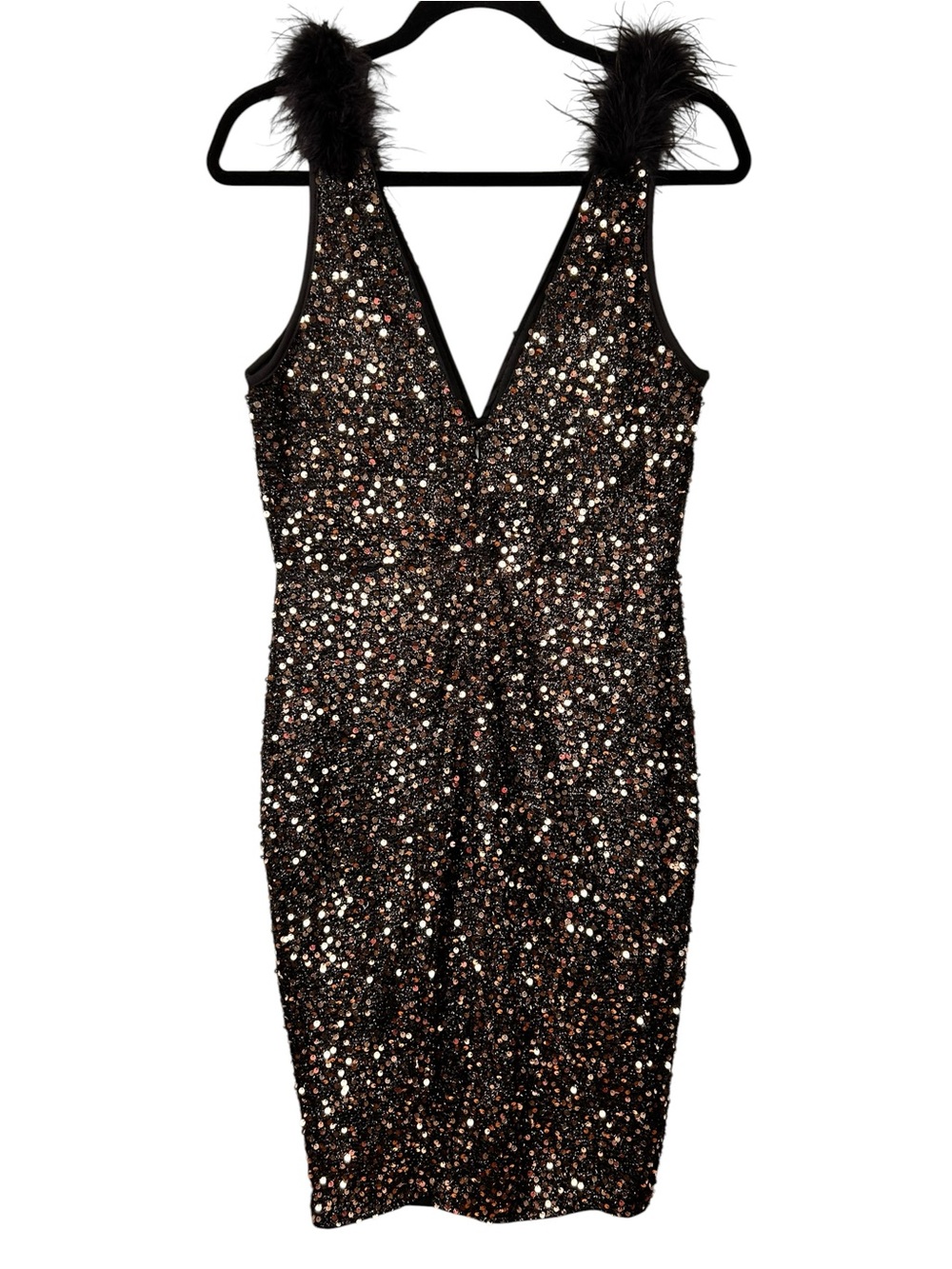 Sequin Feather-Trim Black V-Neck Cocktail Dress, XL Bodycon, Formal Event - Picture 8 of 9
